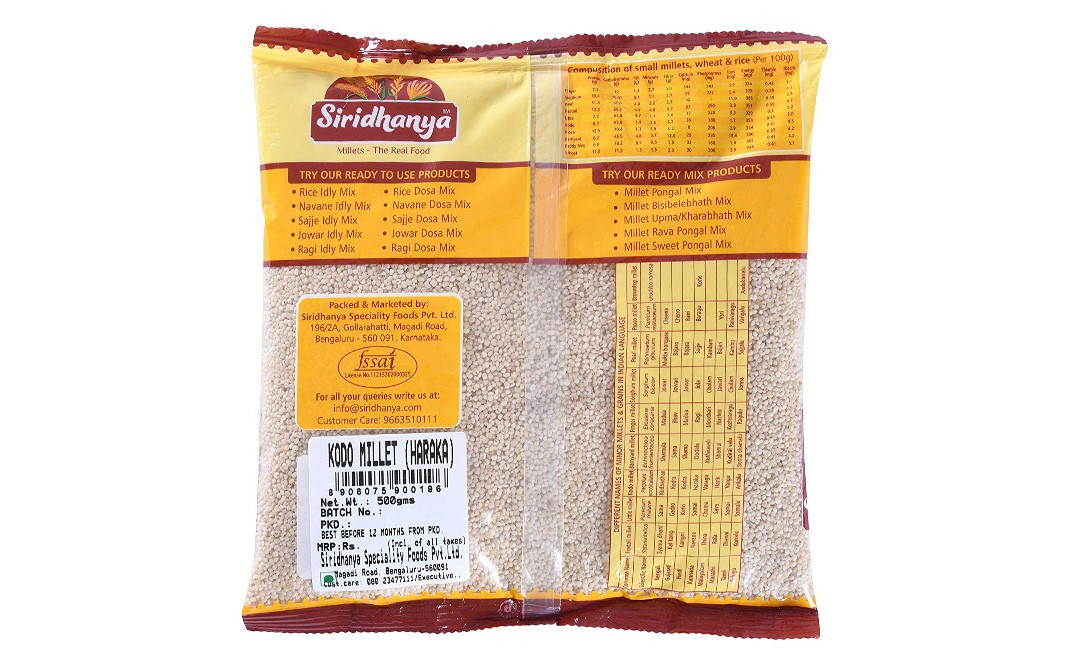 Siridhanya Kodo Millet (Haraka) Pack 500 grams Reviews Nutrition